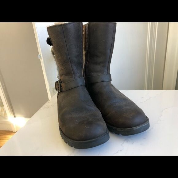 UGG Size 7 leather Dark Brown Boots Buckled Detailing - Picture 4 of 8
